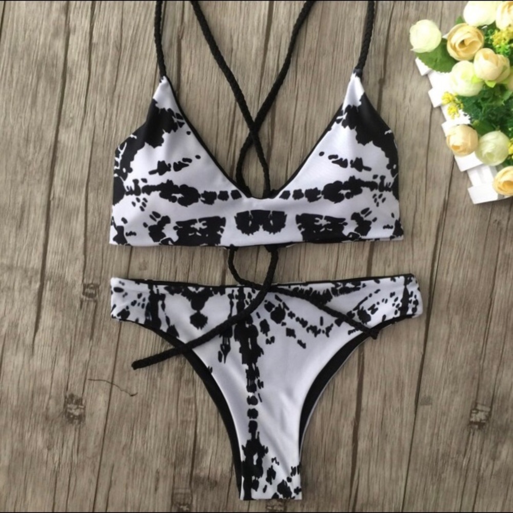 Mixed Print Braided Strap Bikini Set